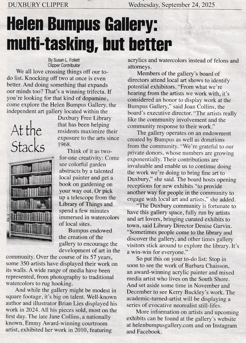 Helen Bumpus Gallery: multi-tasking, but better Duxbury Clipper Article